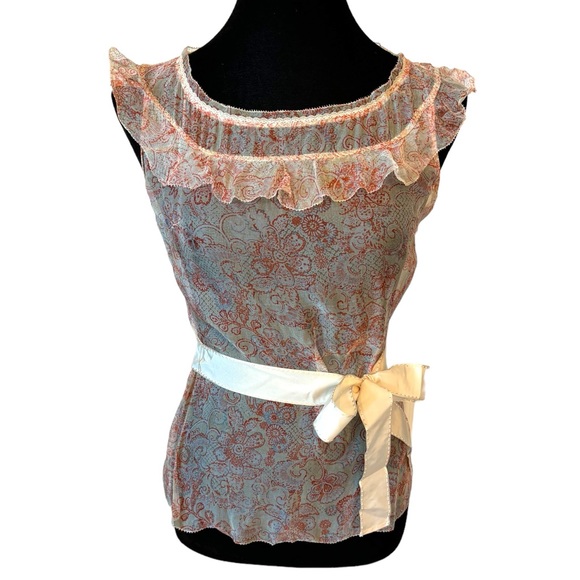 Elie Tahari 100% Silk Peach Floral Sheer Ruffle Top - Picture 2 of 6